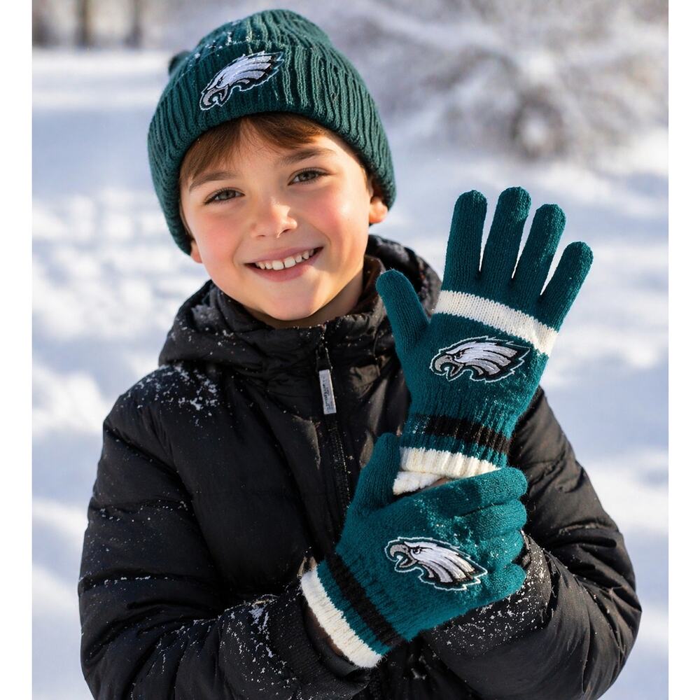 Philadelphia Eagles Knit Gloves, NFL Team Fan Gear, Youth Size, Pre-owned
